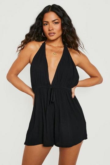 Black Crinkle Plunge Beach Playsuit