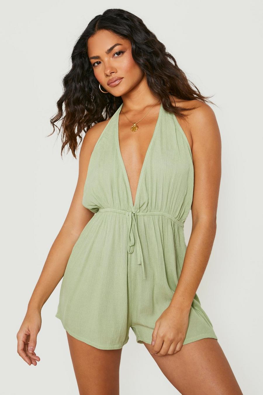 Green Duurzame Gekreukelde Strand Playsuit Met Laag Decolleté