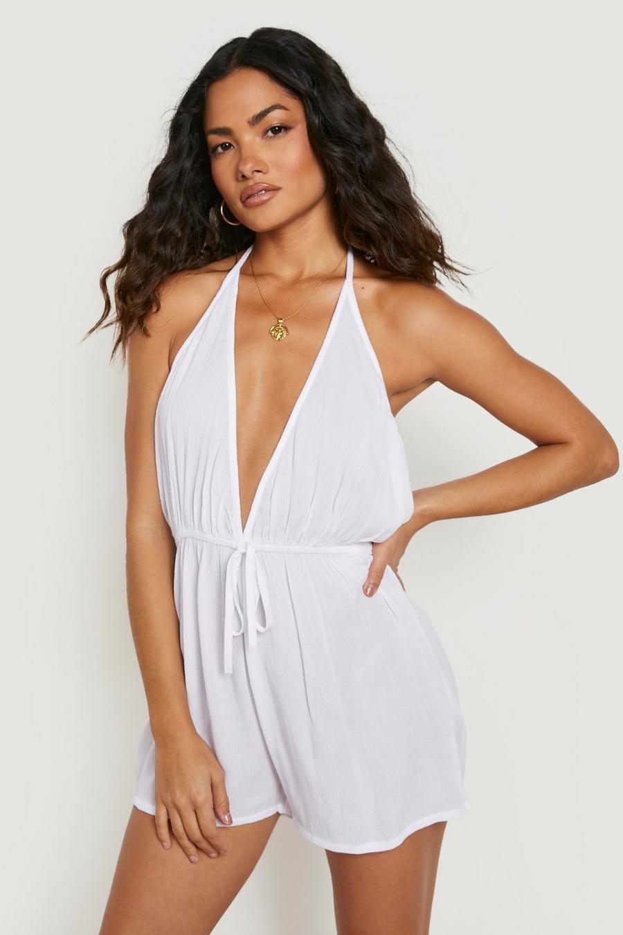 White Crinkle Plunge Beach Playsuit image number 1