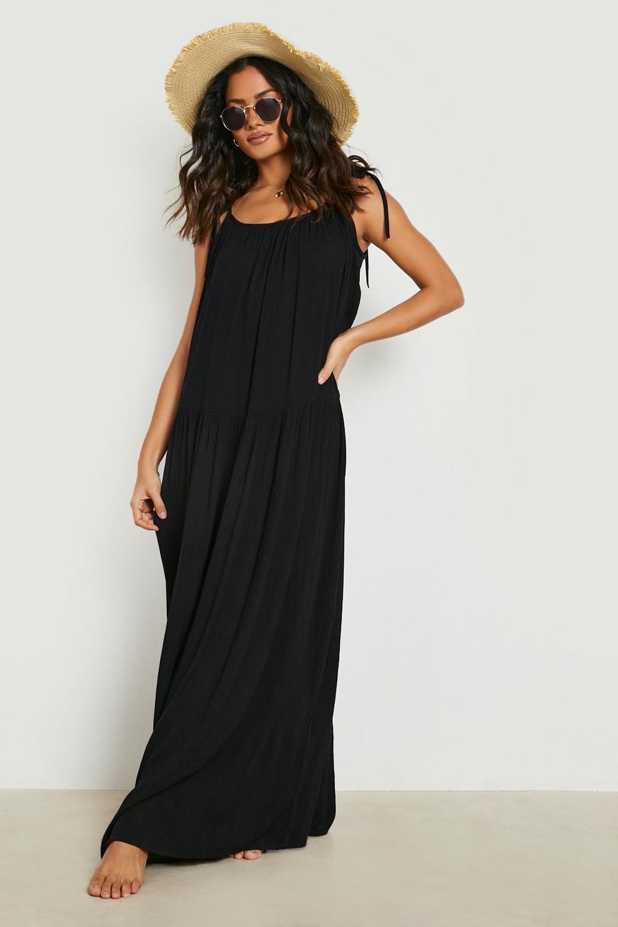 Black Crinkle Strappy Maxi Beach Dress image number 1