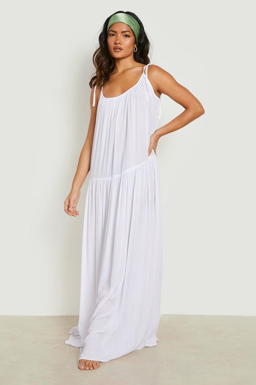 White Crinkle Strappy Maxi Beach Dress image number 1
