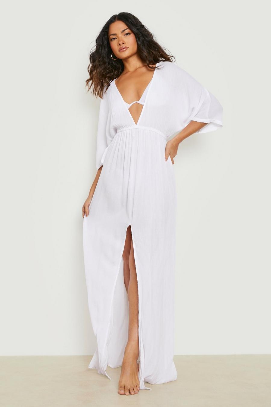 White Crinkle Plunge Maxi Beach Dress image number 1