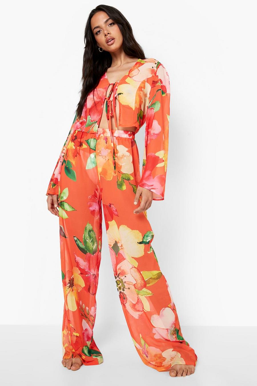 Red FLORAL FLOWING WIDE LEG BEACH TROUSER