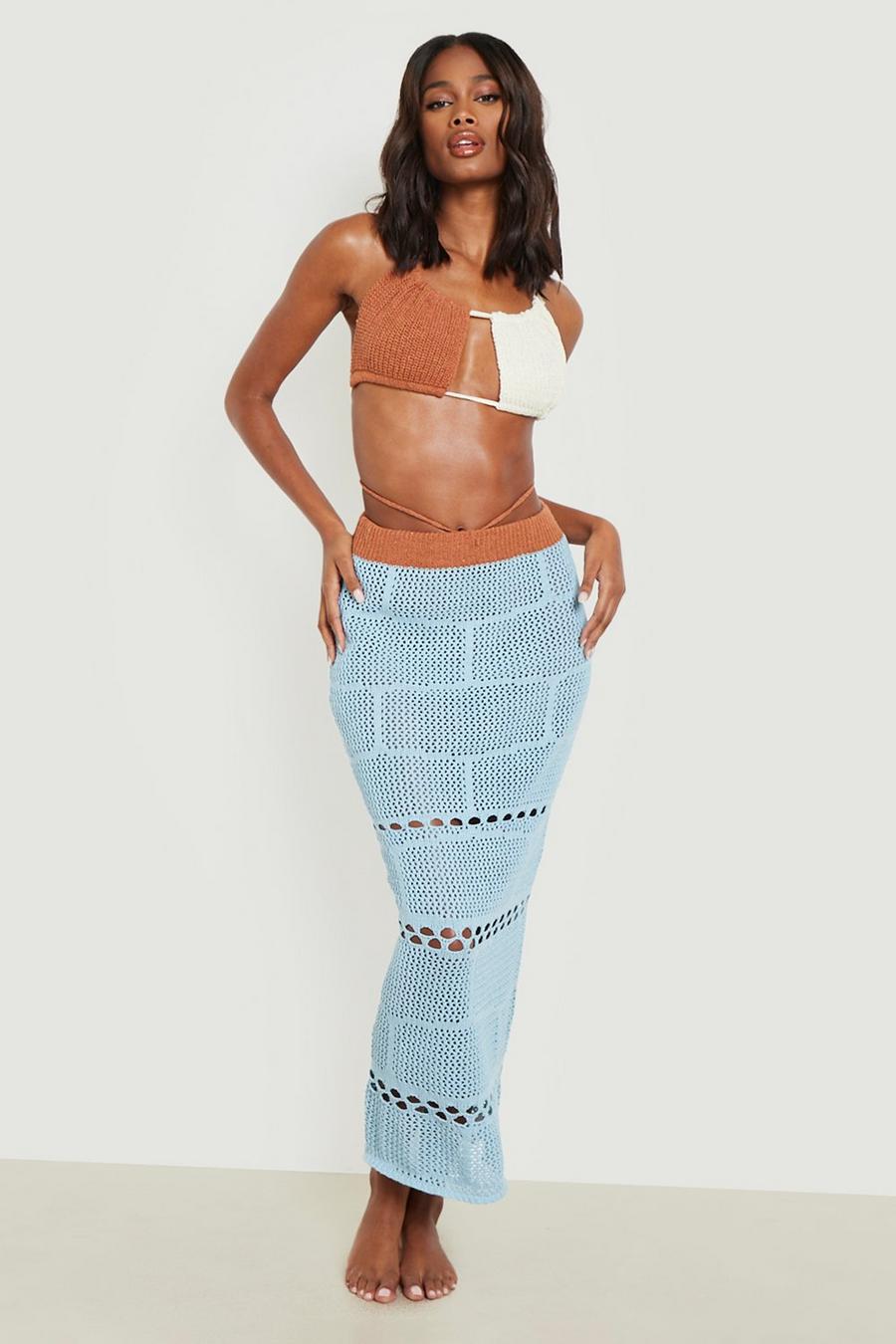 Ice blue Colour Block Crochet Strap Maxi Beach Skirt image number 1