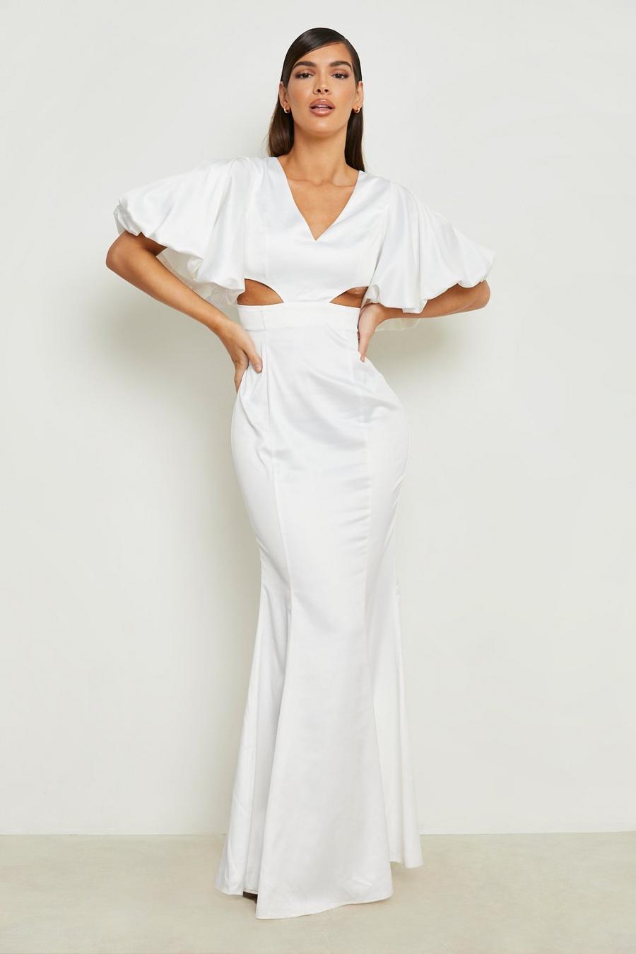 Ivory white Satin Extreme Puff Sleeve Cut Out Maxi Dress