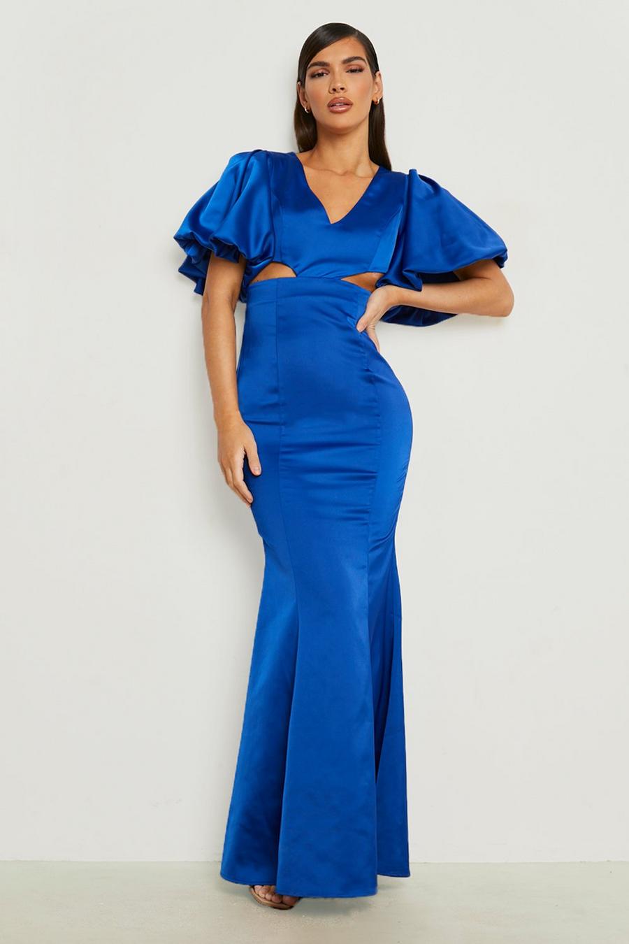 Navy Satin Extreme Puff Sleeve Cut Out Maxi Dress image number 1