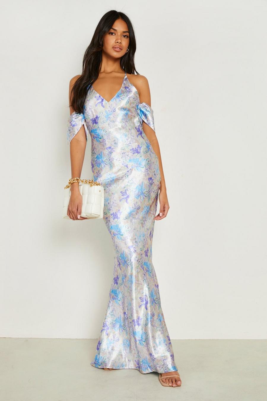Schulterfreies Slip-Kleid mit floralem Print, Blue image number 1
