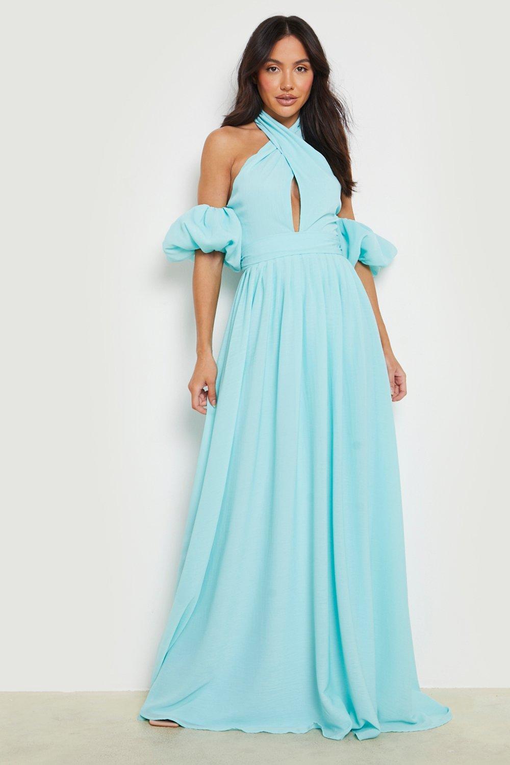 Halterneck Puff Sleeve Maxi Dress