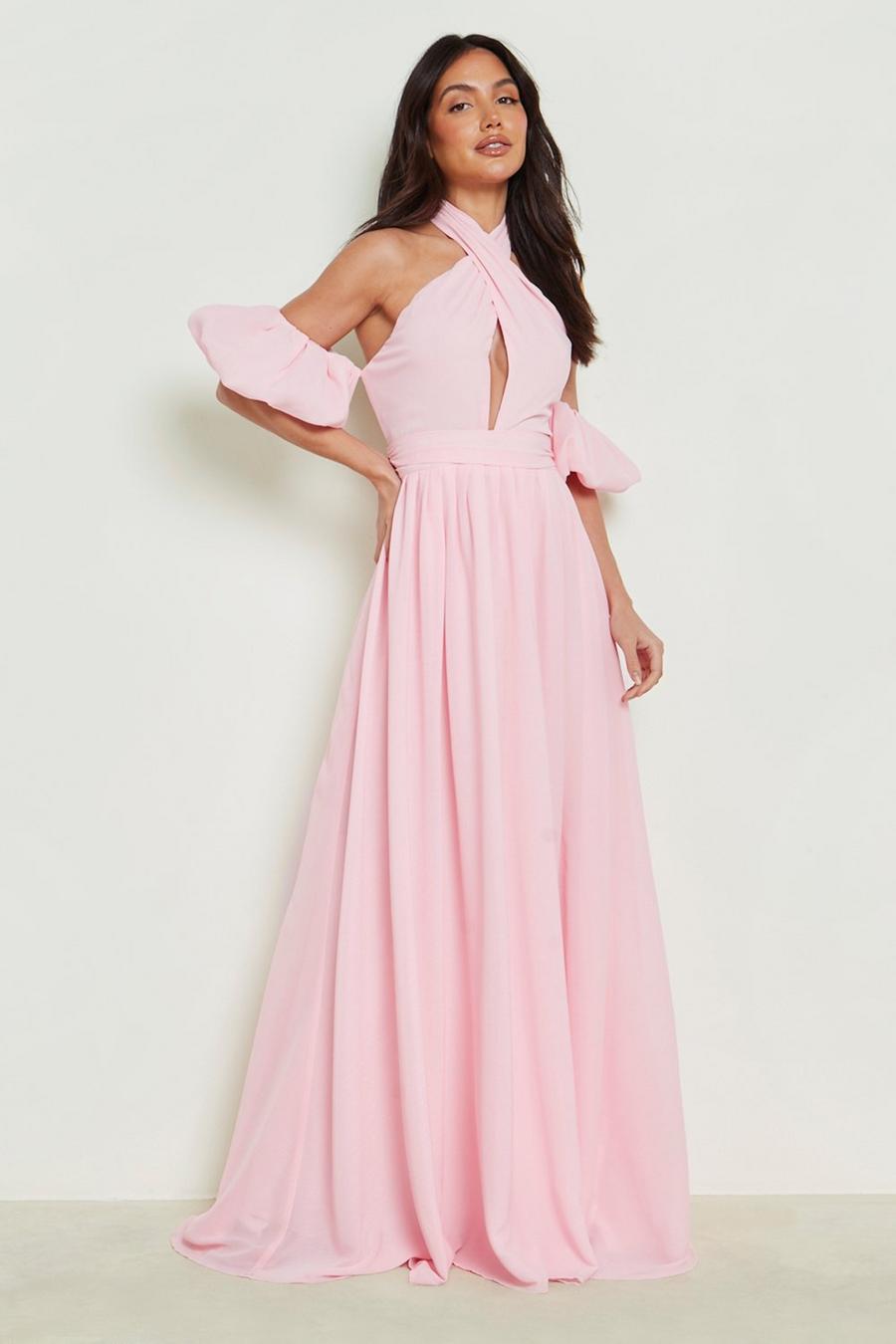 Pink Halterneck Puff Sleeve Maxi Dress image number 1
