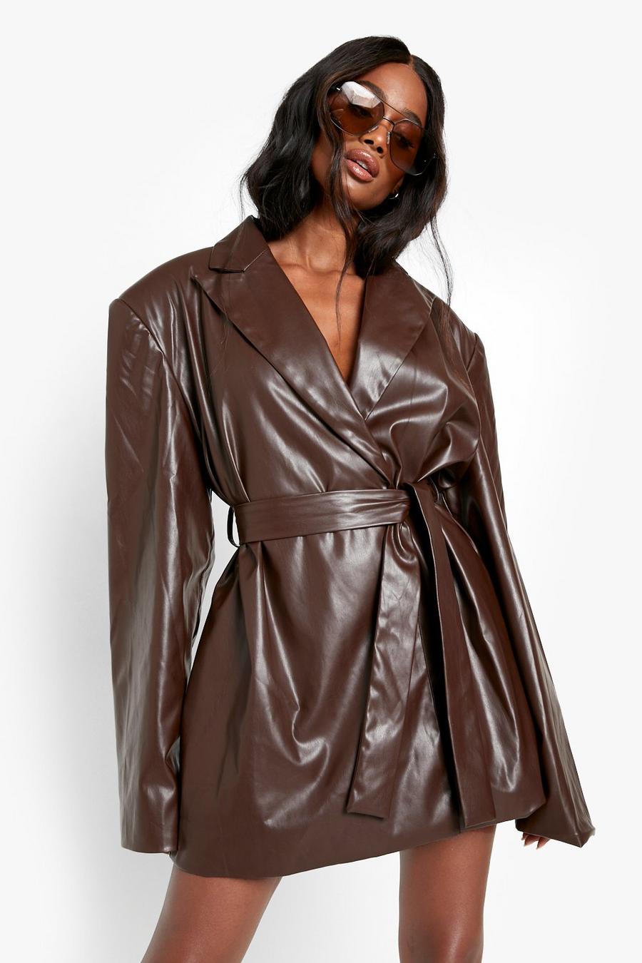 Chocolate brown Belted Faux Leather Blazer Dress