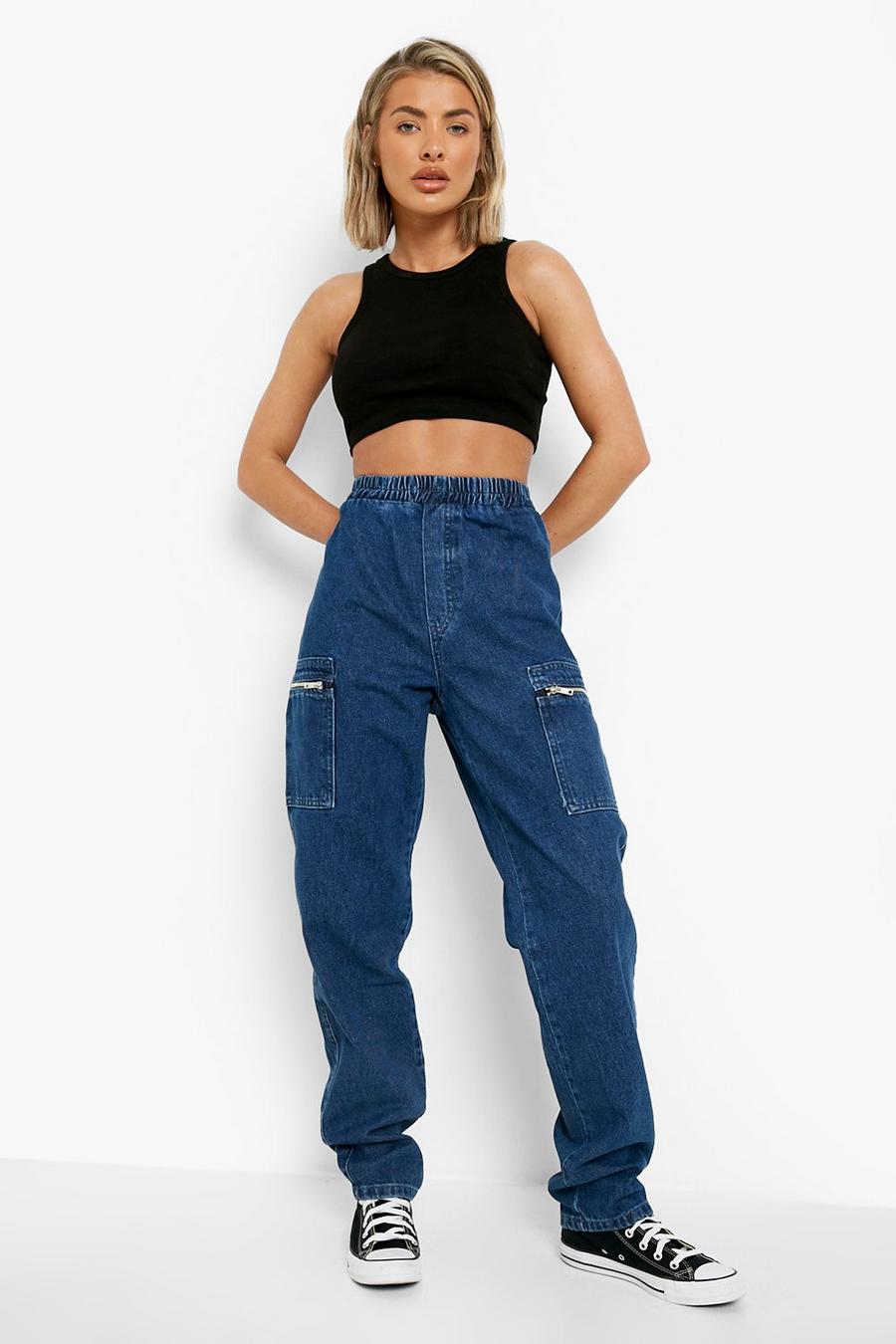 Mid wash High Waisted Pull On Cargo Jeans image number 1