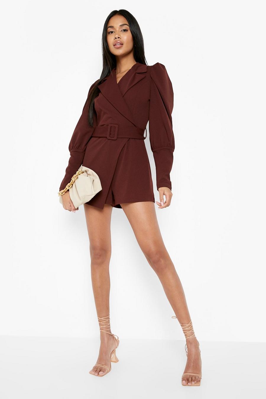Chocolate Puff Sleeve Belted Blazer Playsuit image number 1