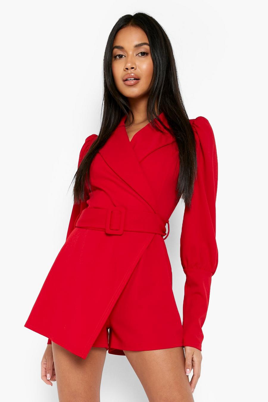 Red Puff Sleeve Belted Blazer Playsuit image number 1