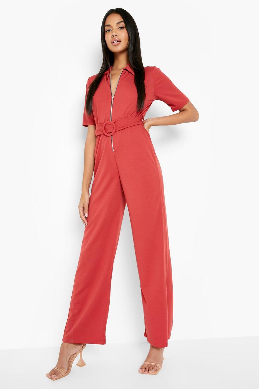 Rust Short Sleeve Tailored Belted Jumpsuit image number 1