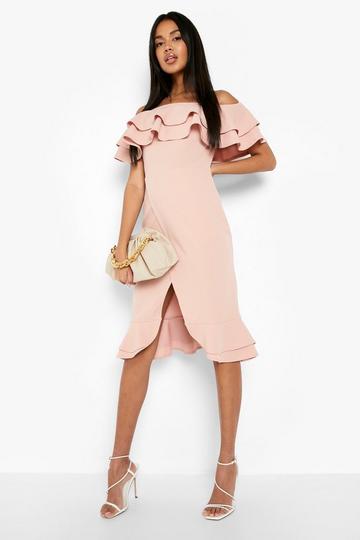 Pink Scuba Ruffle Bardot Wrap Midi Dress