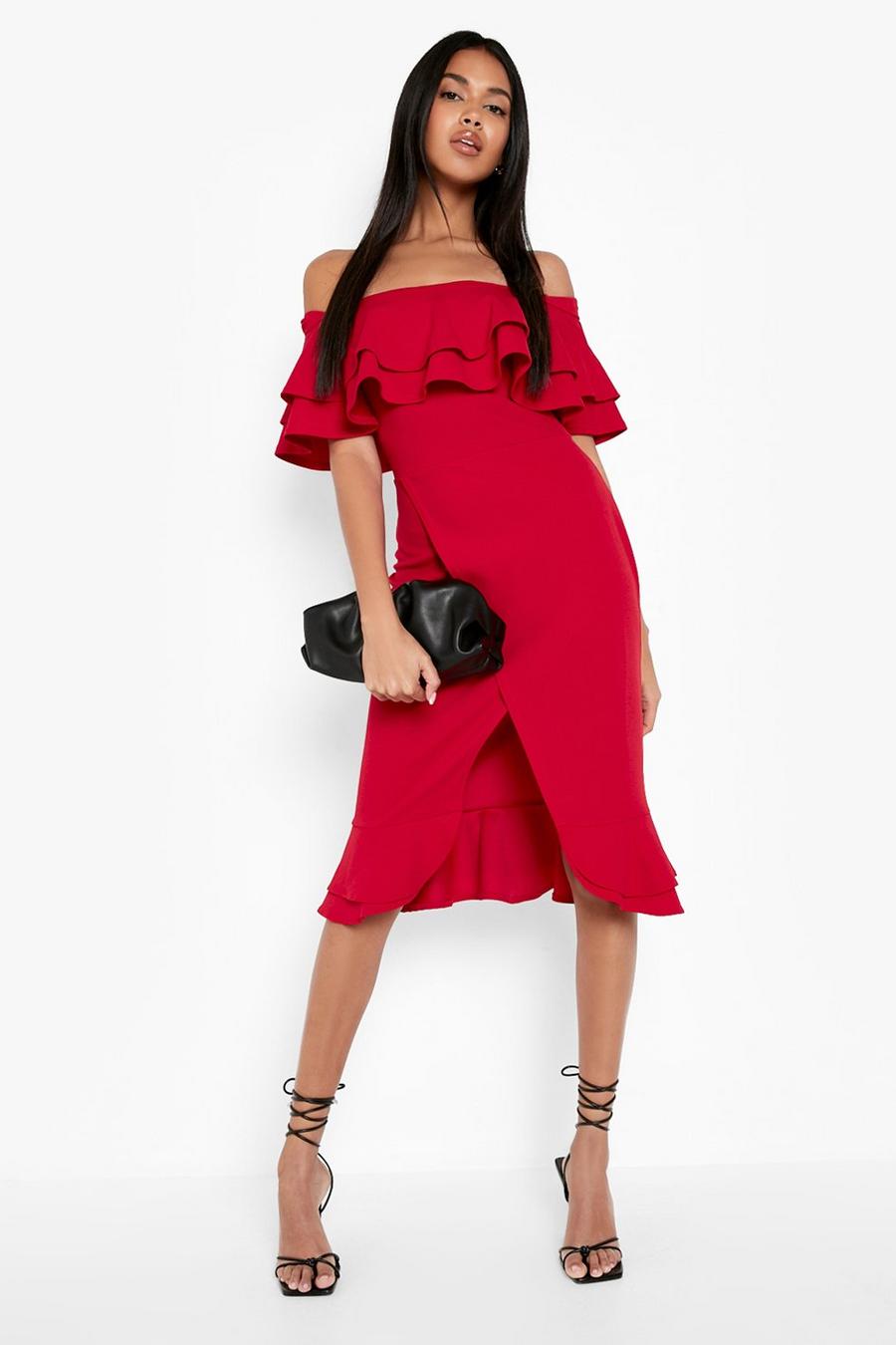 Red Scuba Ruffle Bardot Wrap Midi Dress image number 1
