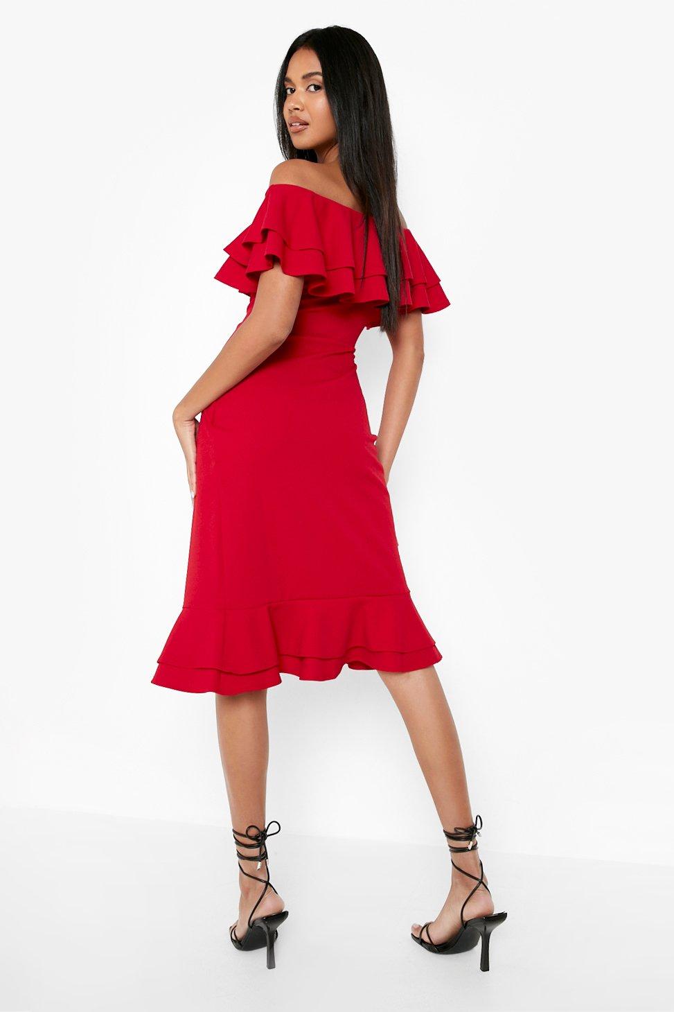 Red bardot ruffle store dress