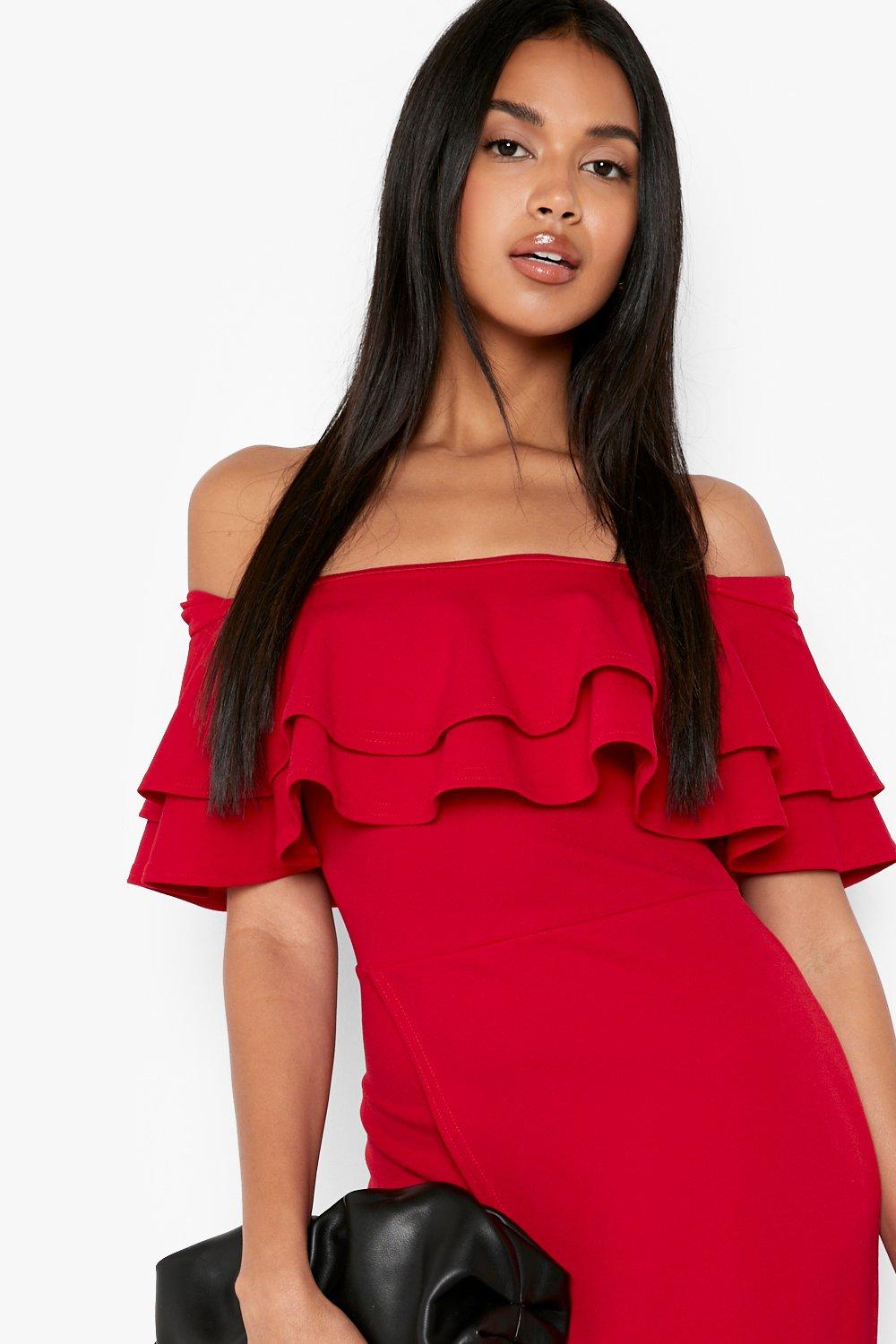 Scuba Ruffle Bardot Wrap Midi Dress boohoo UK