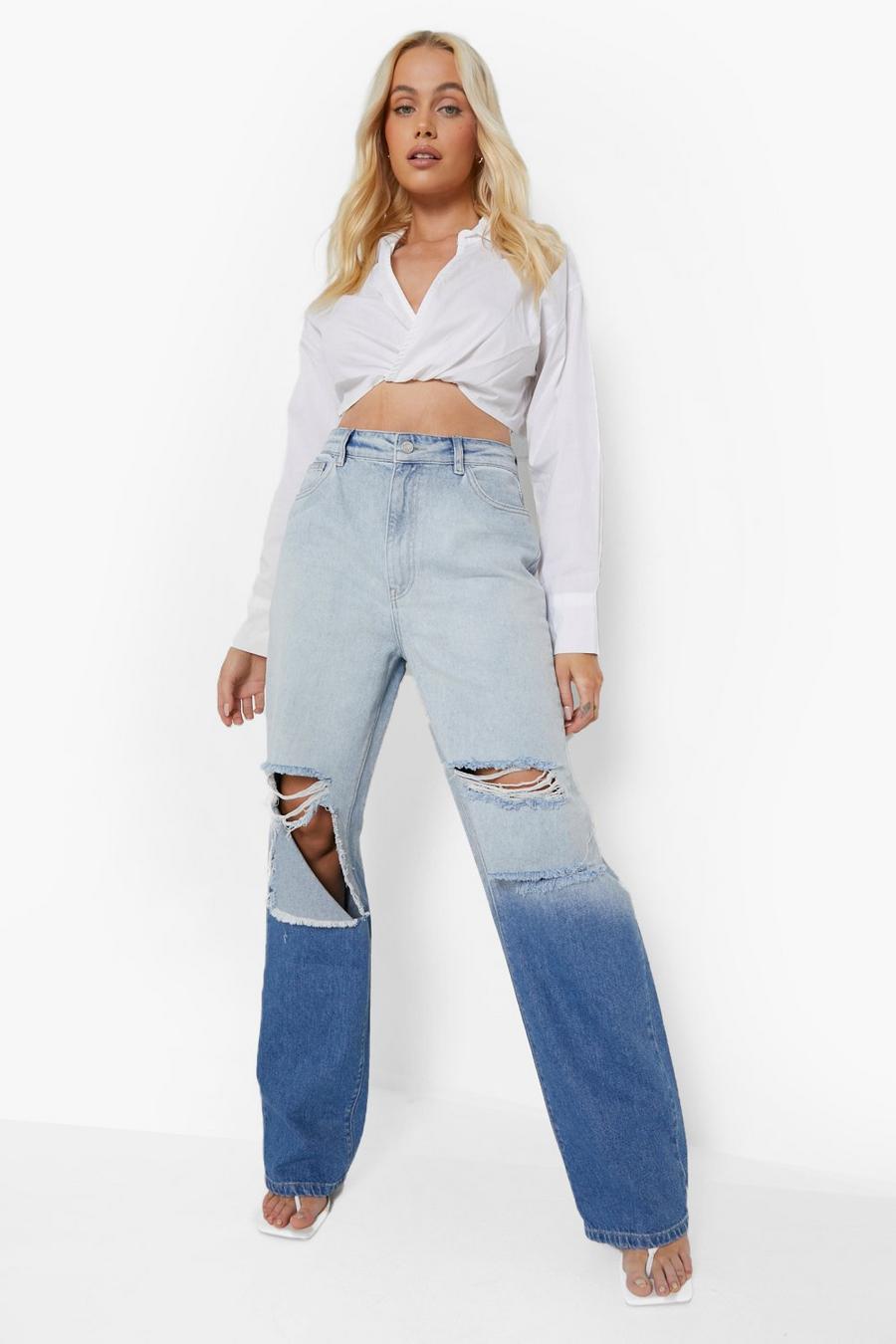 Light wash Ripped Knee Ombre Wide Leg Jeans image number 1