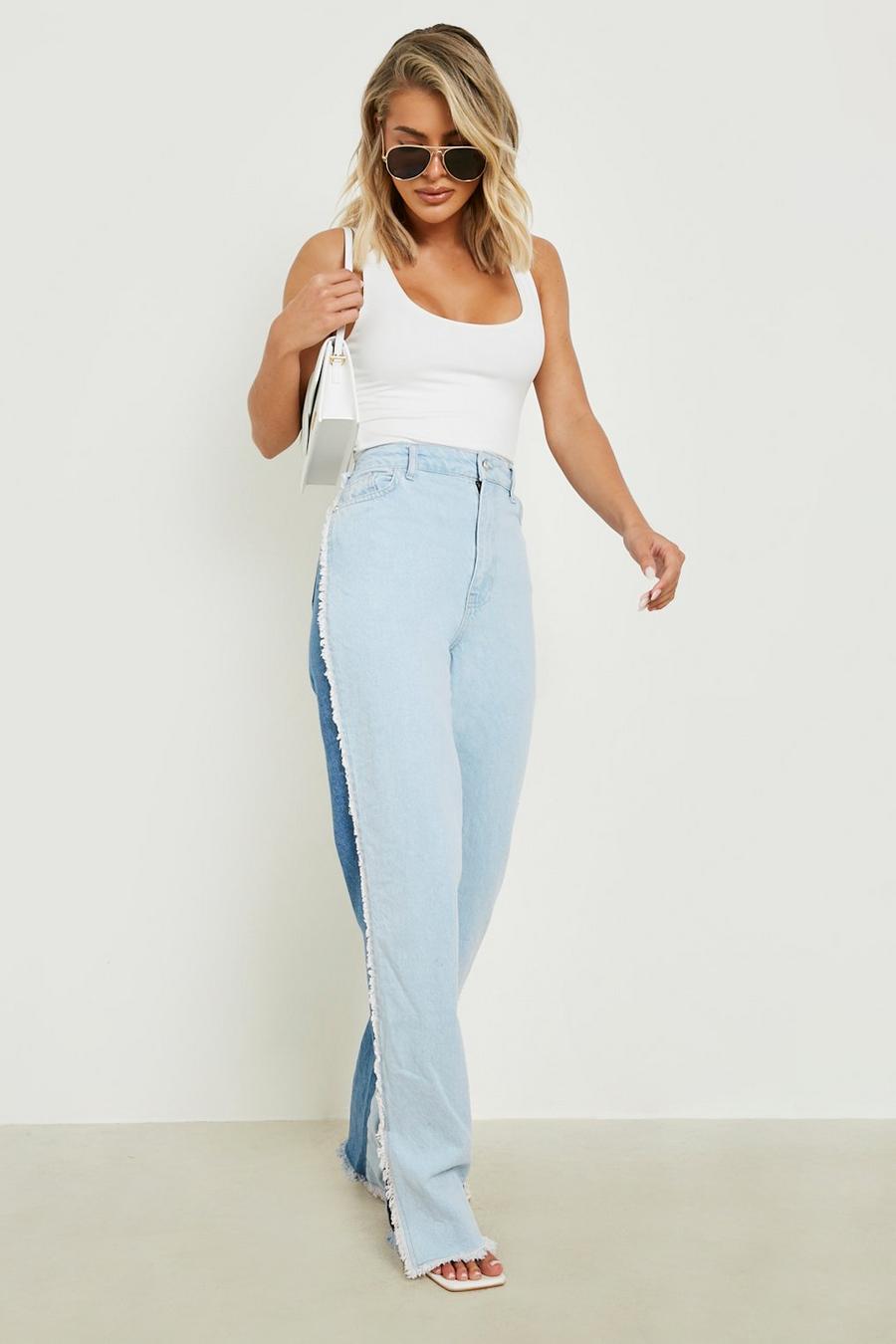 Mid blue Spliced Fray Seam Split Hem Jeans image number 1