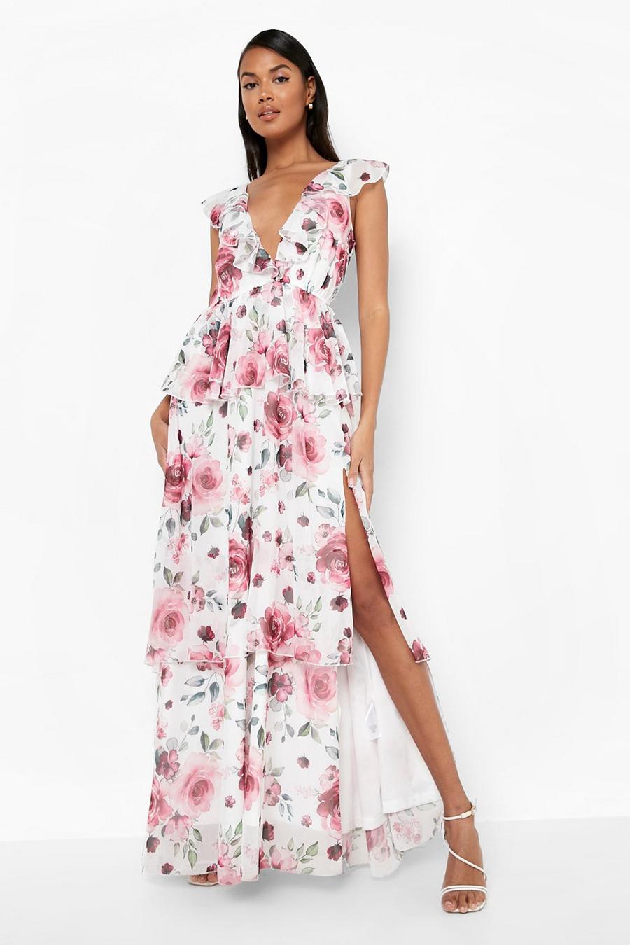 White Floral Tiered Ruffle Maxi Dress