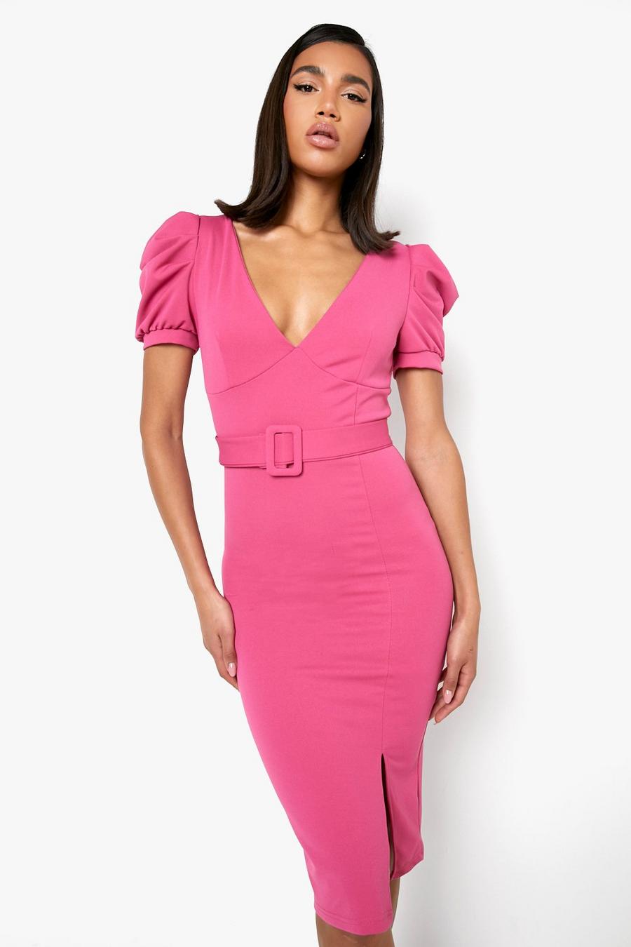 Hot pink Puff Sleeve Self Belt Midi Dress image number 1