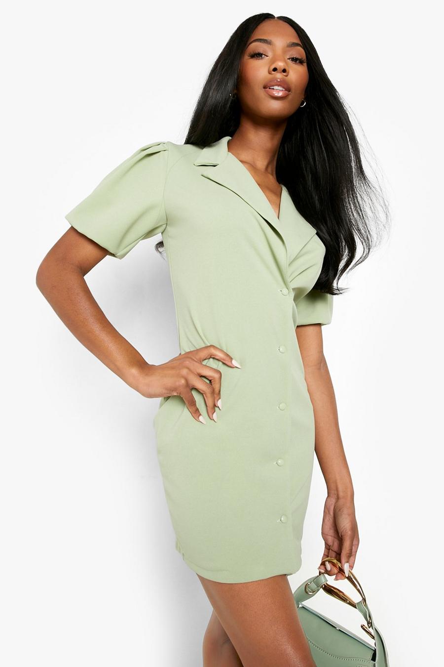 Sage grön Puff Sleeve Button Blazer Dress
