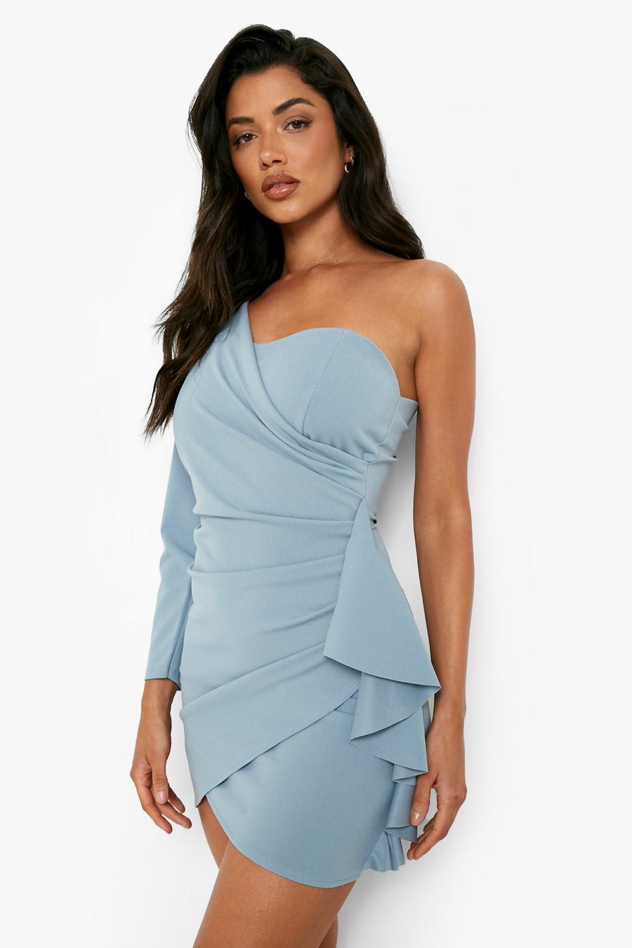 Light blue Kort one shoulder-klänning med drapering image number 1