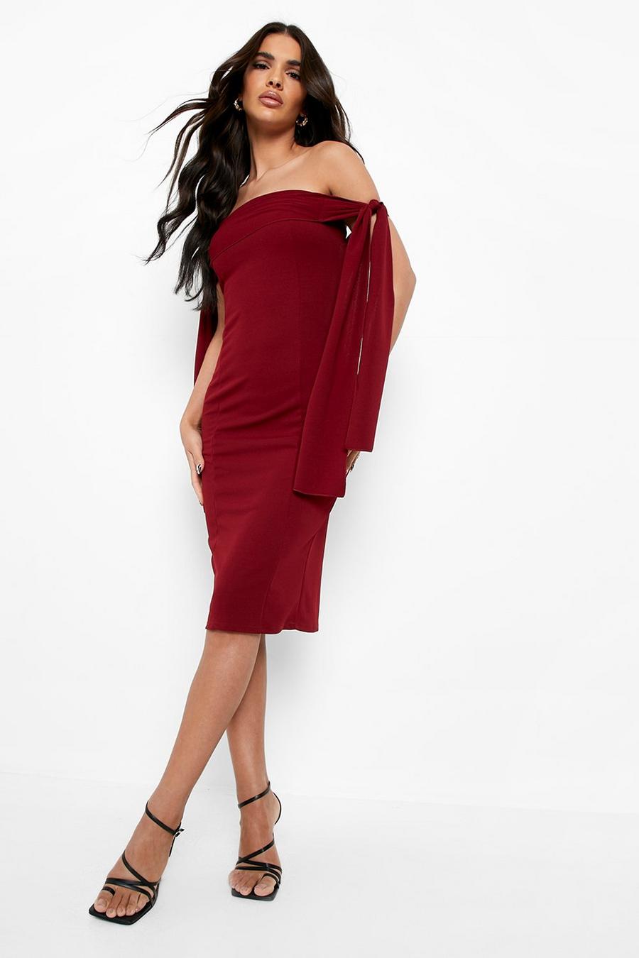 Berry Tie Detail Off The Shoulder Midi Dress image number 1