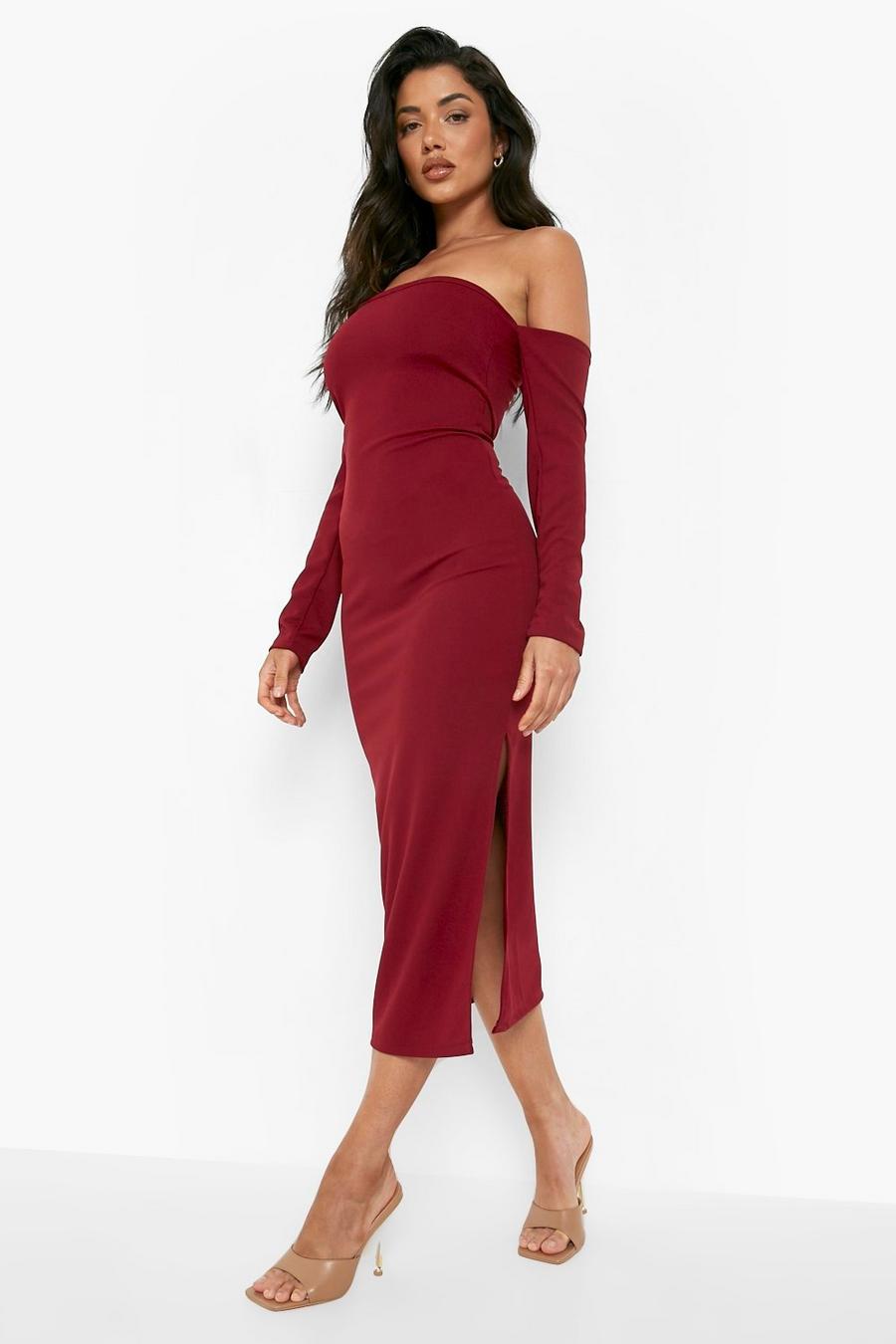 Raspberry Off Shoulder Long Sleeve Split Midaxi Dress image number 1