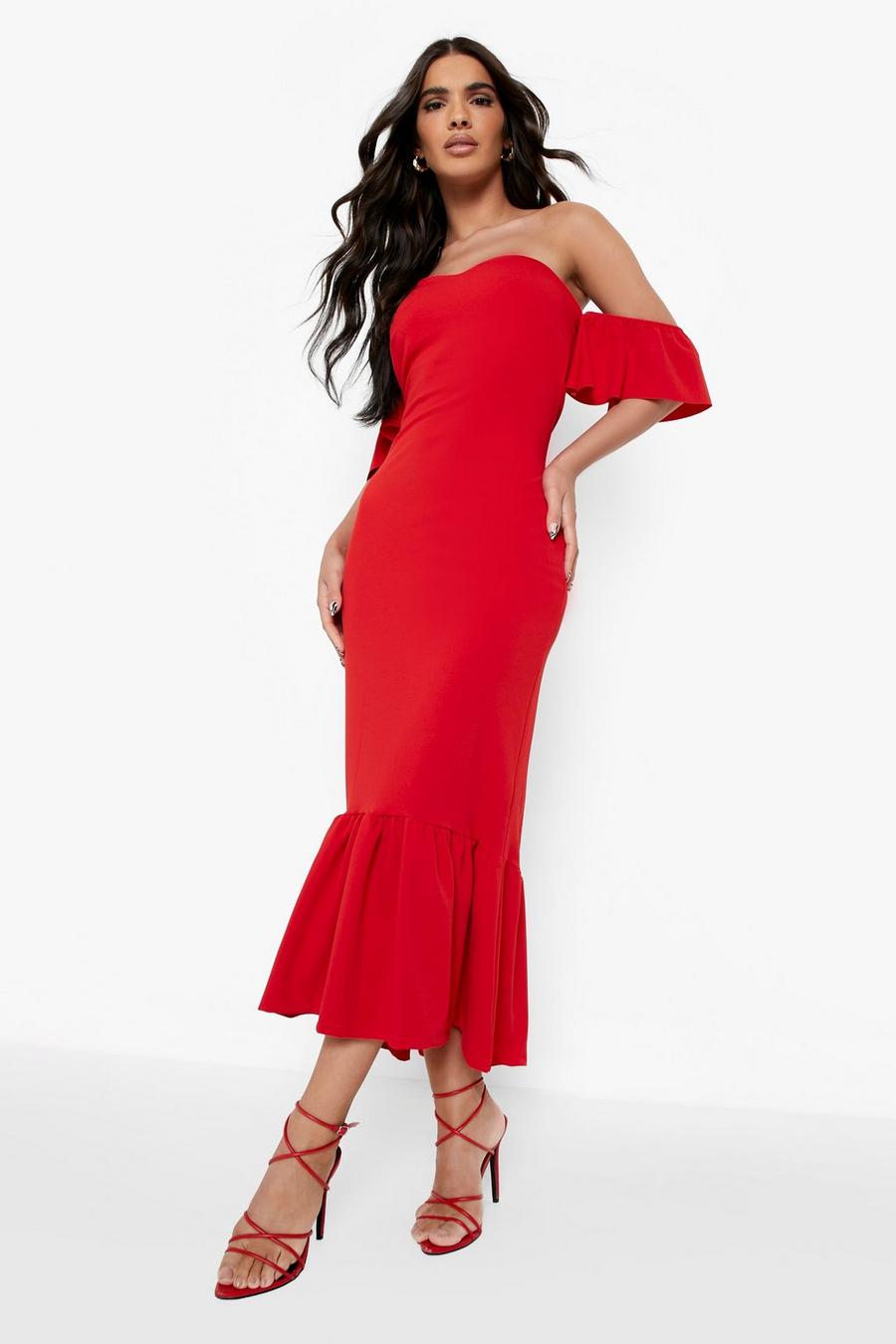 אדום שמלת מידקסי עם כתפיים חשופות ומכפלת הפוכה image number 1