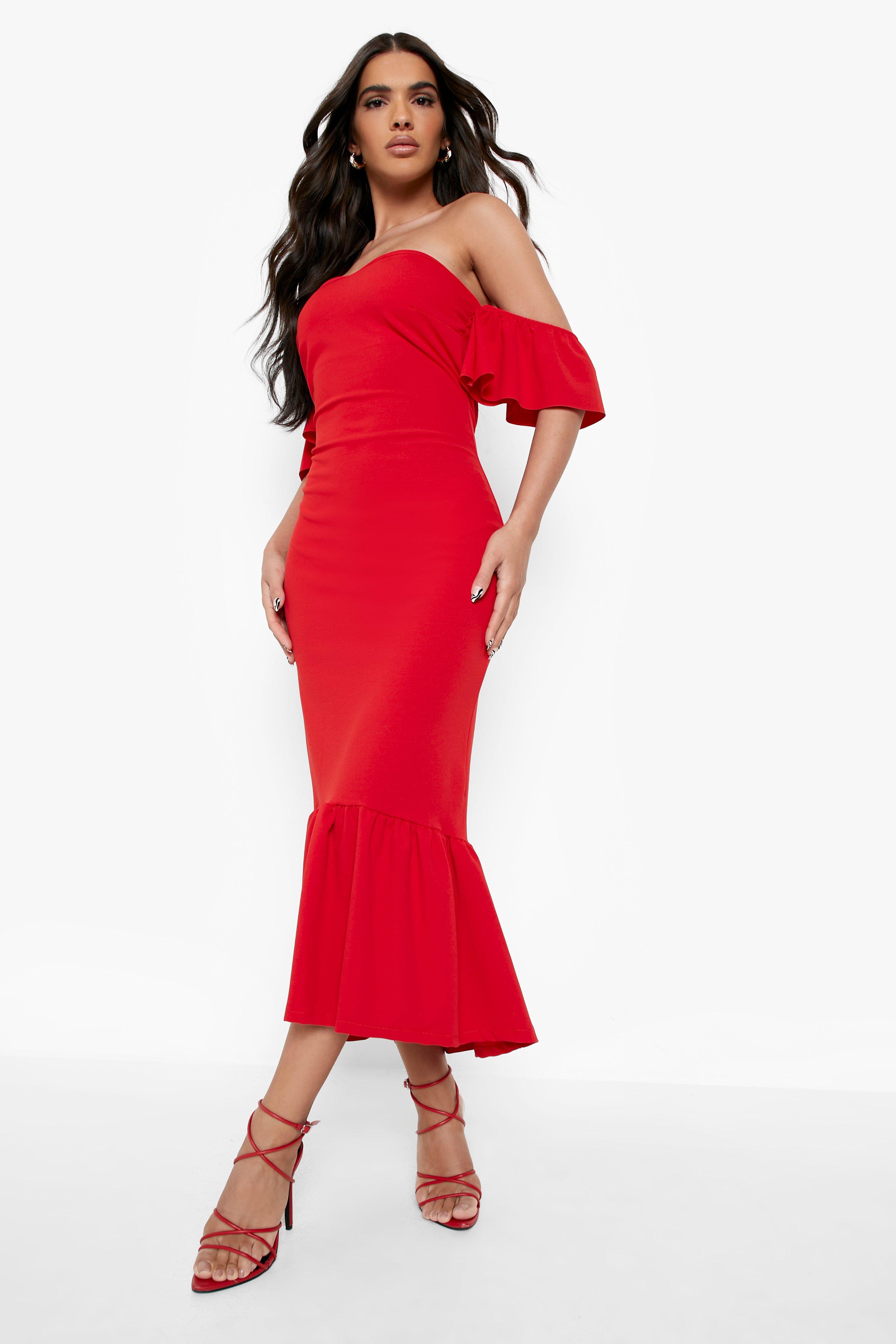 Boohoo red off hot sale the shoulder dress