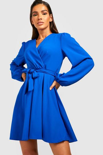 Balloon Sleeve Wrap Mini Skater Dress cobalt