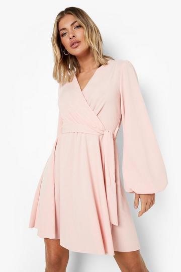 Balloon Sleeve Wrap Mini Skater Dress rose