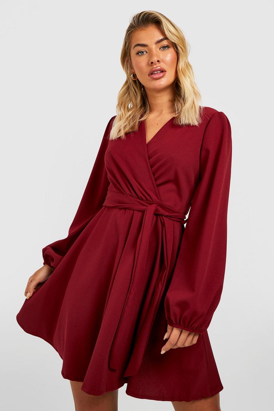 Wine red Balloon Sleeve Wrap Mini Skater Dress image number 1