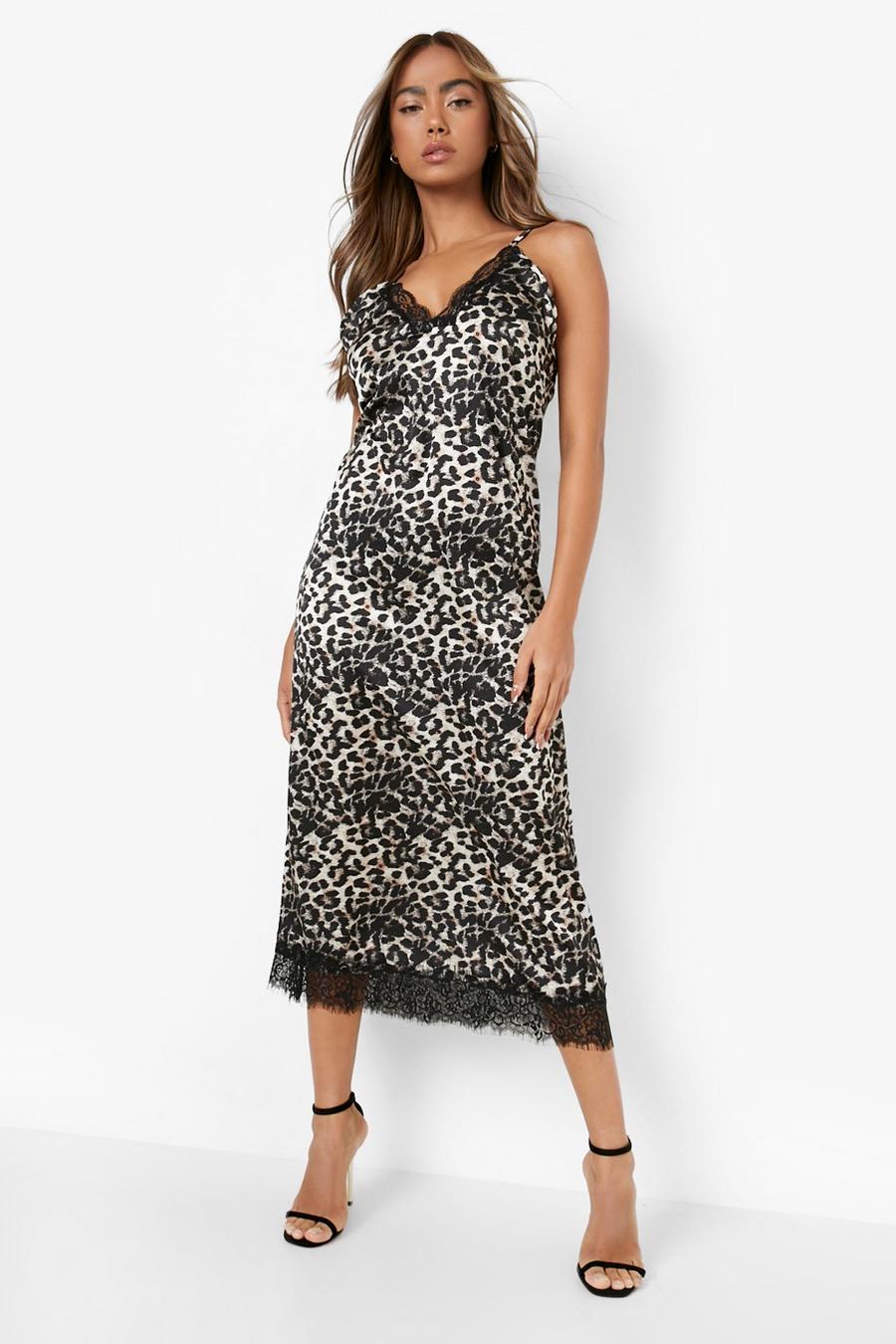 Neutral Satin Leopard Print Lace Trim Slip Dress image number 1