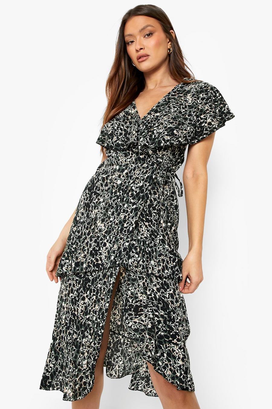 Black Long Sleeve Ruffle Wrap Midi Tea Dress image number 1