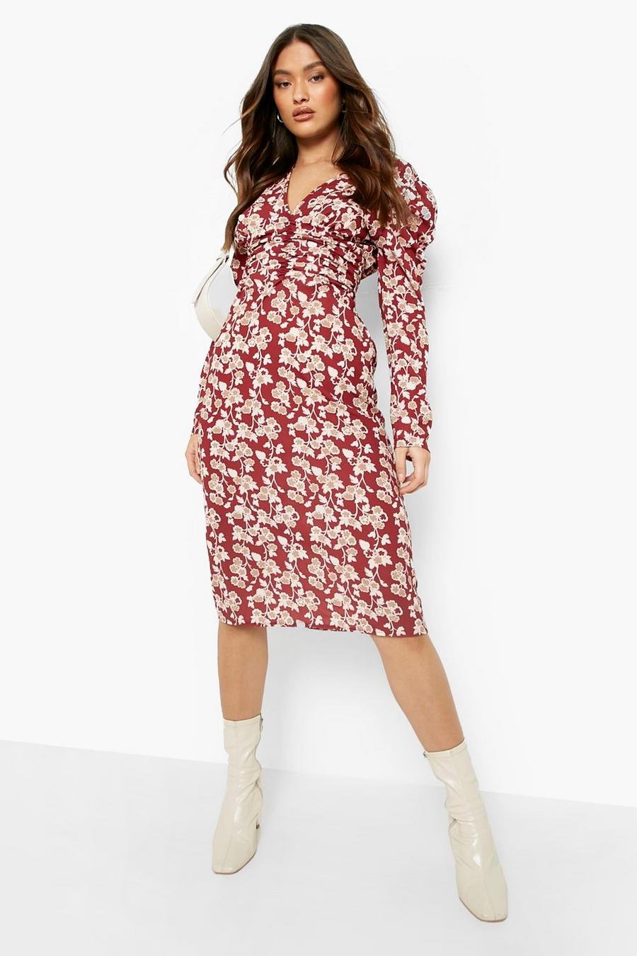 Red Rouched Detail Puff Sleeve Midi Dress