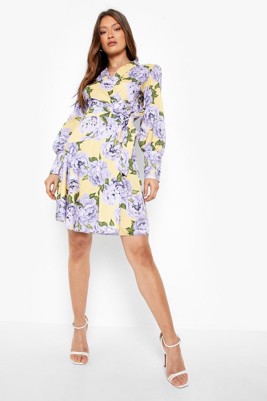 Yellow gul Floral Tie Detail Wrap Skater Dress image number 1