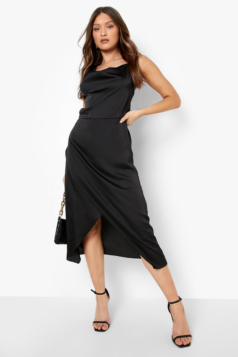 Black Satin Cowl Detail Asymmetric Slip Dress