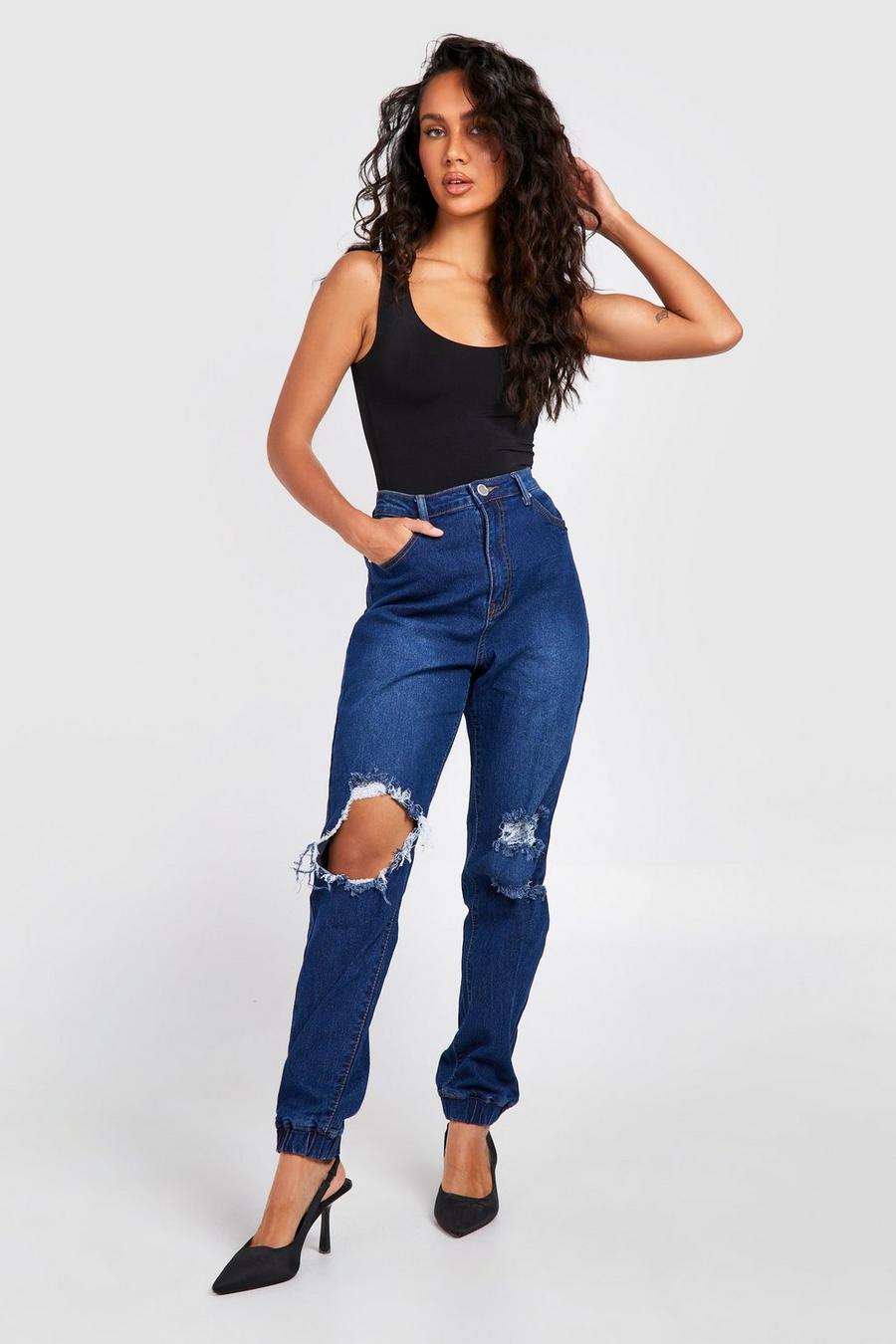 Mid blue Basics High Waisted Ripped Jogger Jeans image number 1