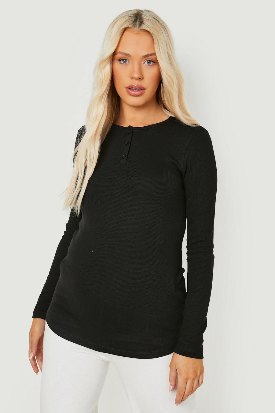 Black Maternity Nursing Button Front Ruched T-shirt