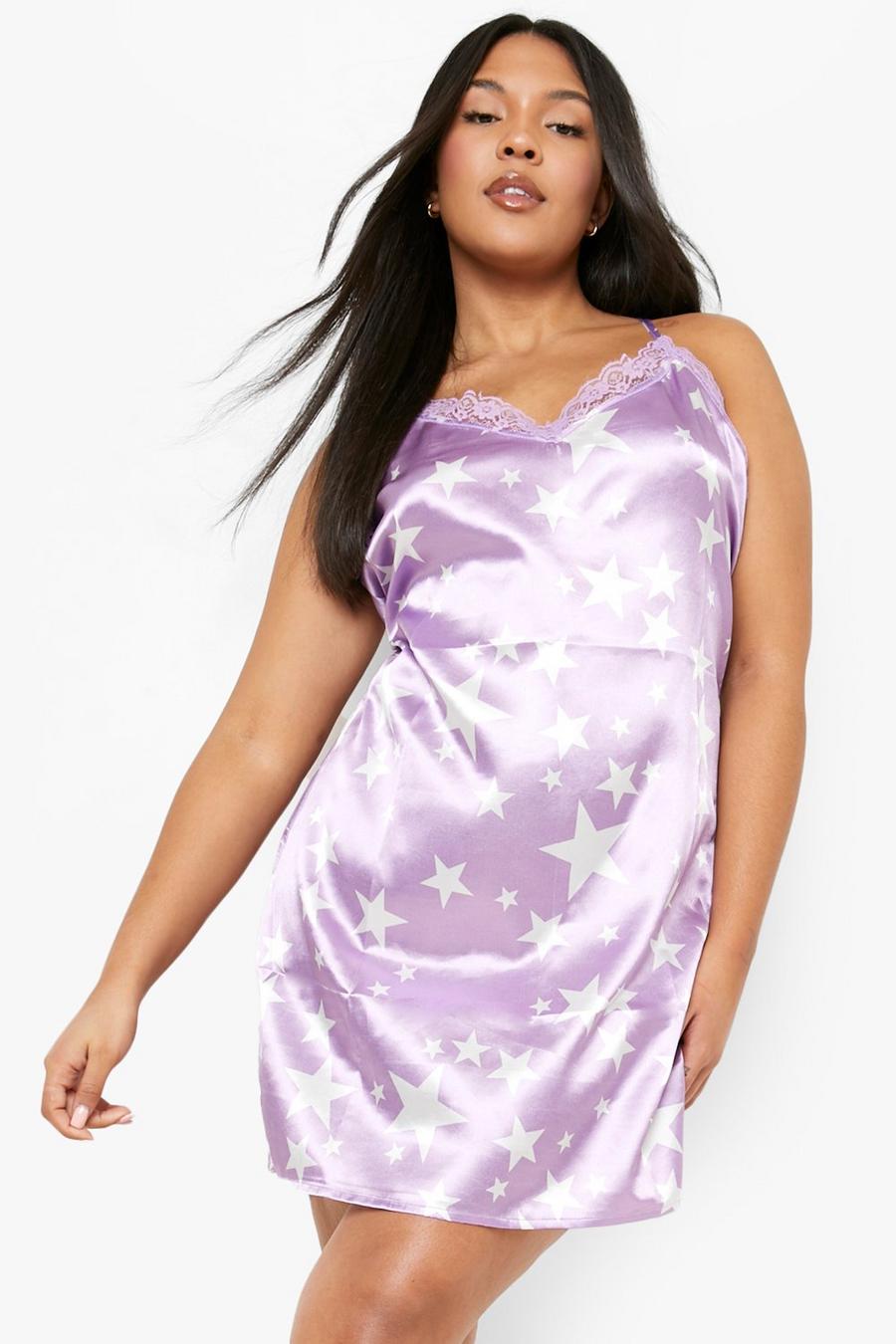 Sottoveste Plus Size con stampa a stelle e finiture in pizzo, Lilac image number 1