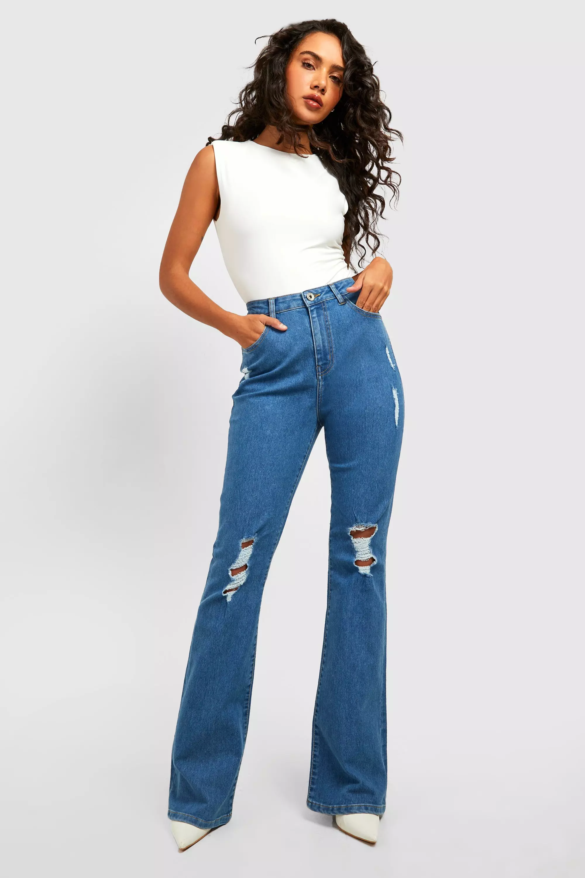 Light wash High Waisted Ripped Flared Jeans alternative image
