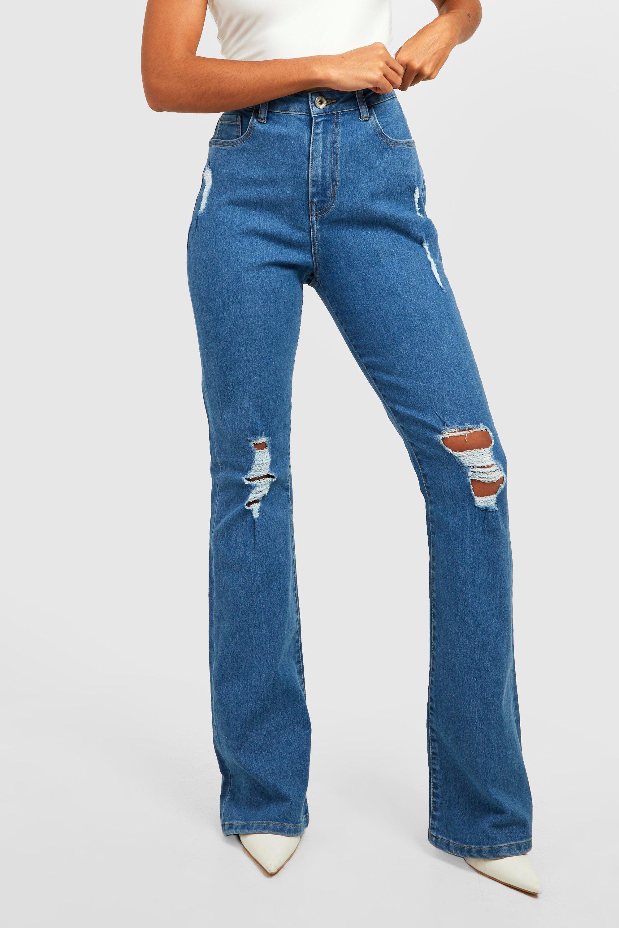 Mid Blue High Waisted Flare Ripped Jeans, Womens Jeans