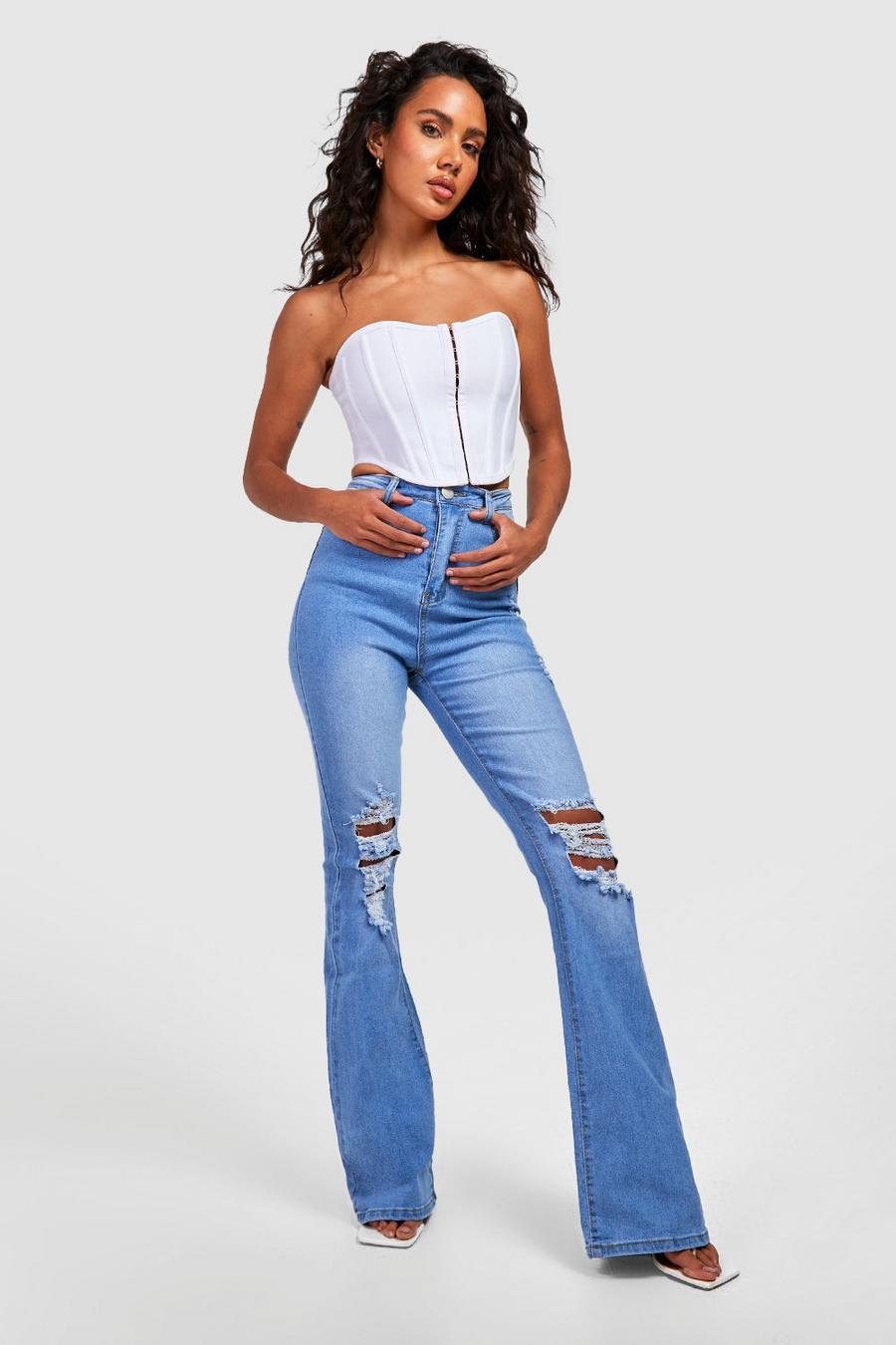 Stonewash High Waisted Ripped Flared Jeans image number 1