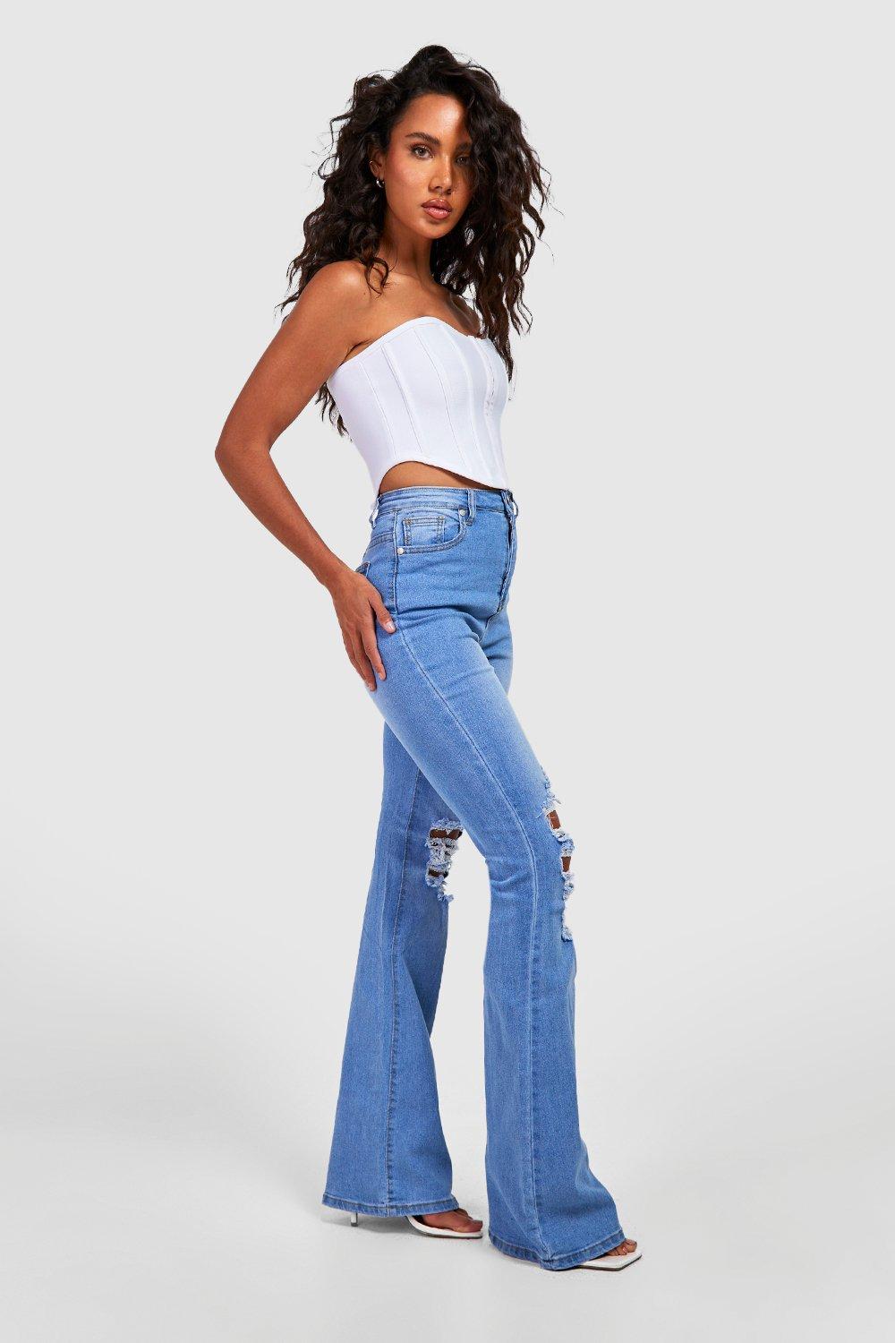 Boohoo Denim Floral High Waisted Flared Jeans in Light Blue Blue Womens Clothing Jeans Flare and bell bottom jeans 
