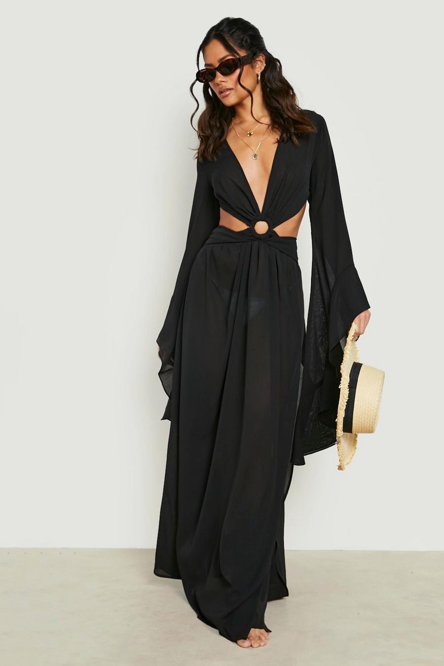 Black Premium Beach O Ring Frill Sleeve Maxi Dress image number 1