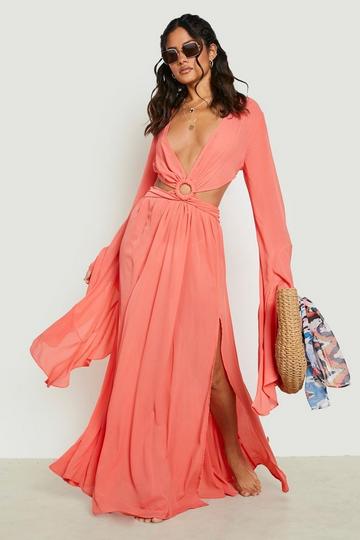 Premium Beach O Ring Frill Sleeve Maxi Dress coral