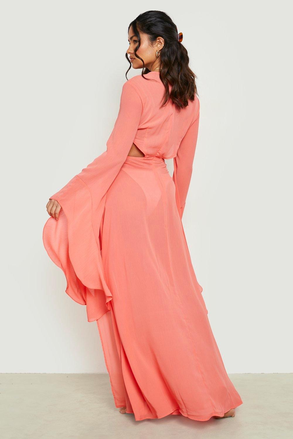 Coral maxi shop dress with sleeves